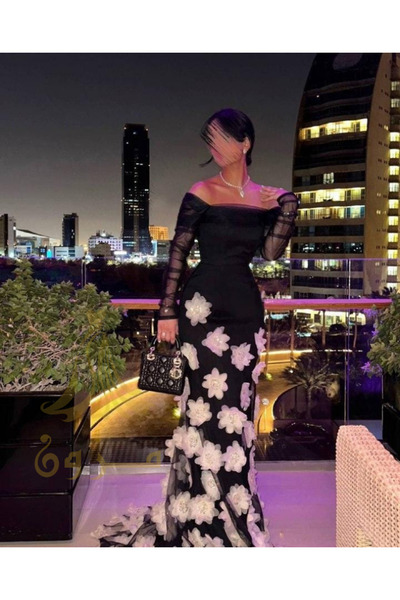 MEZON FASHION Evening dress with white rose embroidery and tulle ruffle sleeves