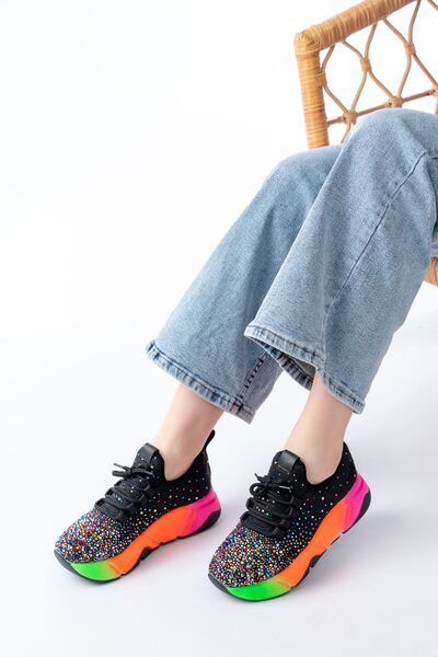 Zerenyus Zri̇n-403 Premium Black Orange Lace-Up Mesh Multi Stone Women's Sneaker