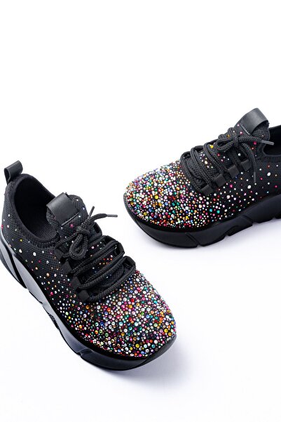 Zerenyus Zri̇n-403 Premium Black Lace-Up Mesh Multi Stone Women's Sneaker