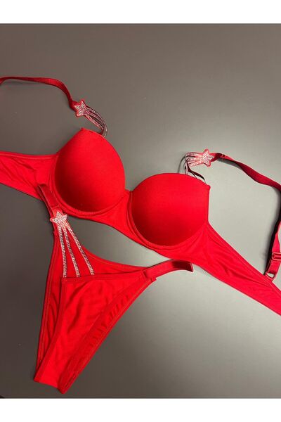 LİBELLA İÇ GİYİM Women's Red Star Detailed Push-Up Bra and Thong 2-Piece Set