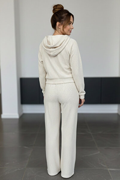 Le'sluette shadow of style Women's Stone Color Velvet Zipper Detailed Elastic Waist Top and Bottom Two-Piece Set