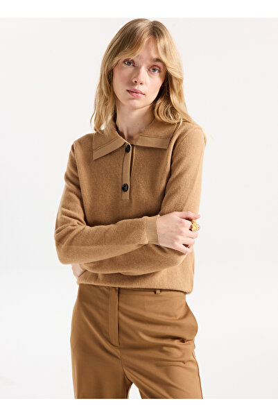 Fabrika Gömlek Yaka Basic Düz Camel Kazak Kadın F5WL-KZK0001
