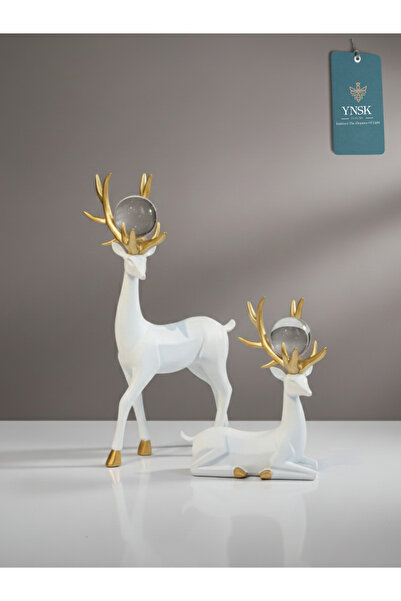 YNSK Luxury | Forest | Lüks 2'lİ Gold Boynuz Geyik Kristal Küre Detaylı Dekor Obje