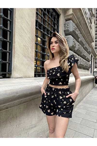 YMYWEAR Printed Ruffled One Shoulder Bustier Mini Shorts Comfortable Summer S...