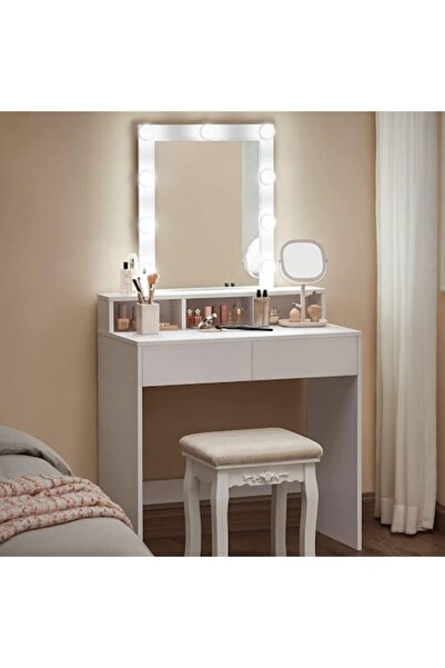 VASAGLE Dressing Table with Mirror and Bulbs, 2 Drawers and 3 Open Compartments, 40x80x145 cm, White