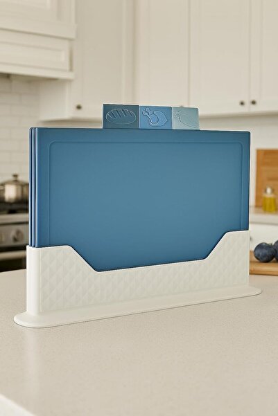 Kyrotech 4 Piece Plastic Cutting Board Set with Stand, Hygienic, Non-Slip 3 Pieces Food Preparation, Blue, 31X20 cm