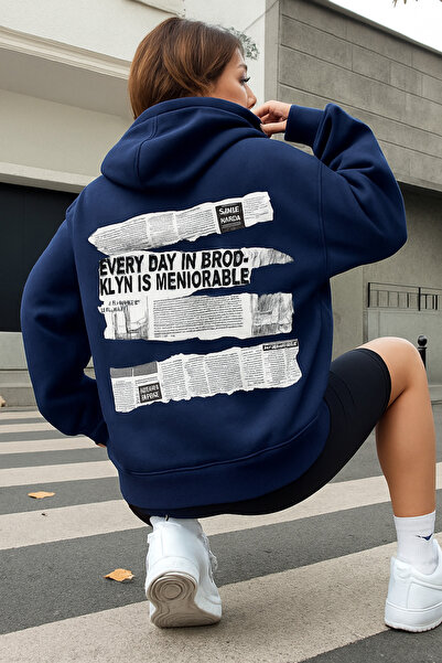 CLASSY.MODA Φούτερ με με κουκούλα τσέπες καγκουρό, εφέ εφημερίδας και κείμενο...