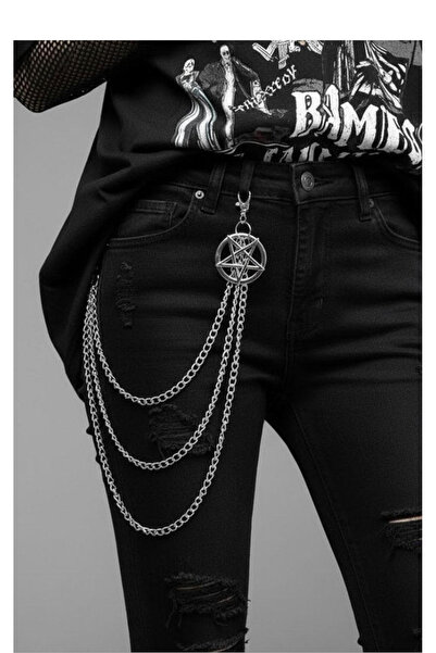 Köstebek 3 Zincirli Pentagram Gothic Punk Pantolon Zinciri