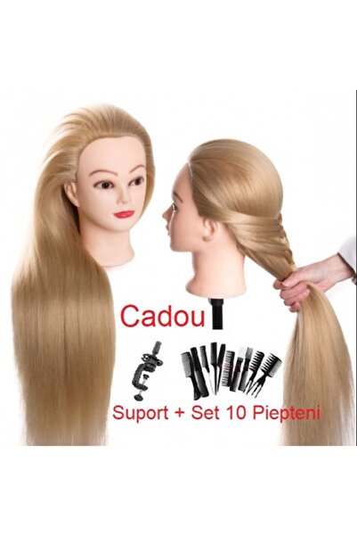 iSalon Cap Manechin Coafor Par Blond 70cm + Suport + Piepteni