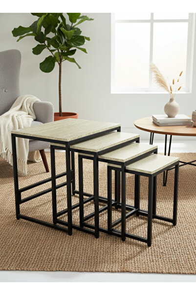 Living مجموعة من 4 طاولات بسطح خشبي وحامل معدني أسود