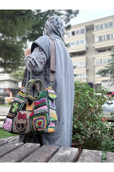 simarikcraft El Örgüsü Patchwork Renkli Büyük Tote Çanta – Bohem & Sanatsal Tasarım, pixel art motifler