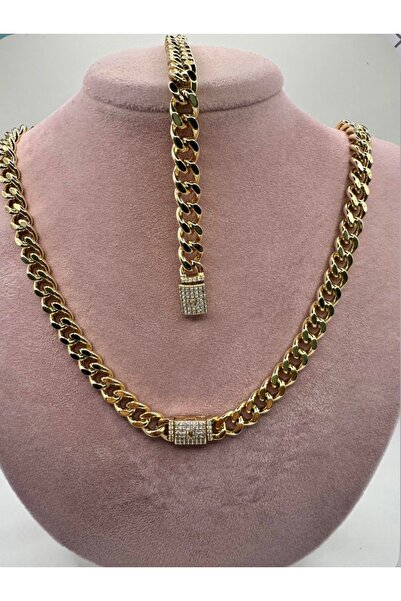 LAYDA Taşlı Gurmet Kolye&Bileklik Paslanmaz Zincir Set Gold 40 cm Kolye ,20 cm bileklik Yılbaşı Özel