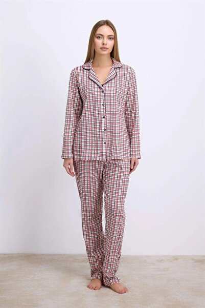 Will Like Cotton Long Sleeve Button down Shirt and Plaid Pants Pajama Set