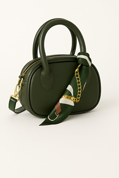 Nova Khaki Mini Hand & Shoulder Bag – Gold Detailing, Scarf Accessory