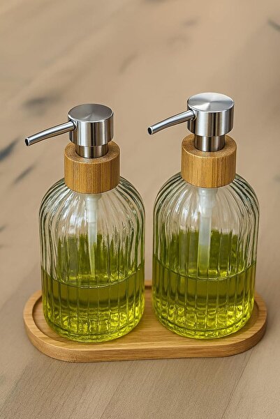 Kyrotech طقم موزع صابون سائل زجاجي مكون من قطعتين مع حامل، لون مدخن، جسم زجاجي شفاف سعة 300 مل، رأس من الخيزران الطبيعي