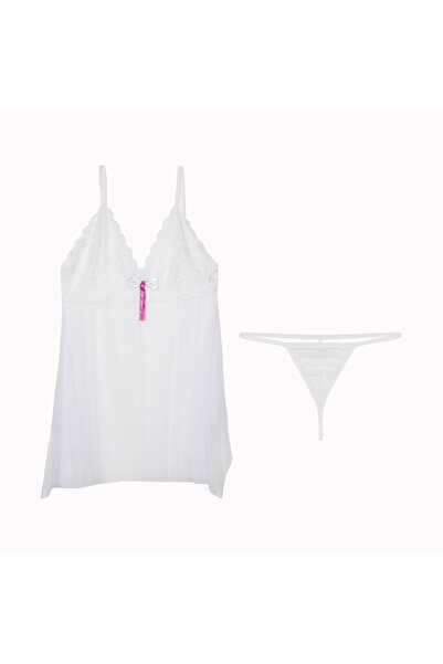 Ruselin White Lace Tulle Nightgown and Thong Set