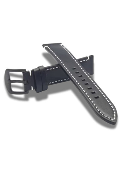 OEM Black Cowhide Leather Watch Strap on Both Sides White Stitching Black Buckle Width 20 mm