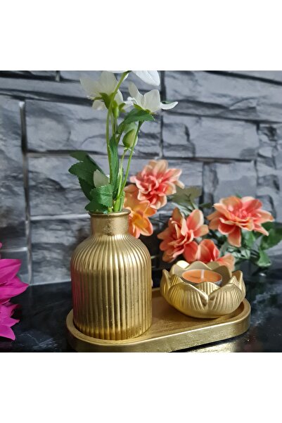 ERGİNCİ HOME Dekoratif GOLD Mini Bohem Vazo Ve Lotus Mumluk STANDLI 3 LÜ SET( Banyo, Salon Dekor Biblo )