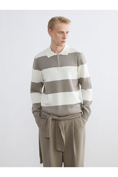 LC Waikiki Brown polo collar striped men's knit sweater