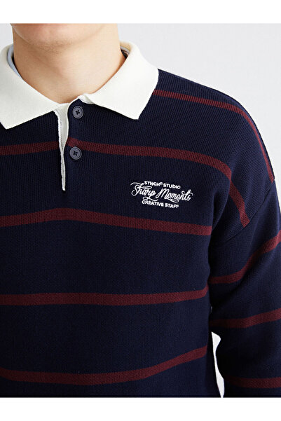 LC Waikiki Burgundy Polo Neck Striped Men's Knitwear Sweater