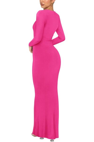 REORIA Women's Long Sleeve Ribbed Bodycon Maxi Dress Pink XS