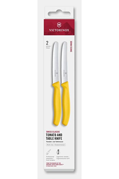Victorinox Set of 2 Tomato and Table Knives 6.7838.2C1, Serrated Blade 11 cm, Lemon Yellow