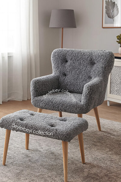 BEYLERBEYİ Tekli koltuk, ayak uzatmalı puf hediyeli, gri peluş kumaş,çay seti...