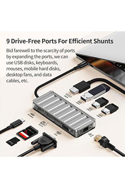 AWEI HUB-3 9-in-1 Docking Station, 4K@30Hz HDMI, VGA, USB3.0, RJ45, SD/TF, Gray