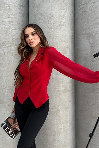 RB CLUB Women's Button Detailed Sleeves Chiffon Blouse Red