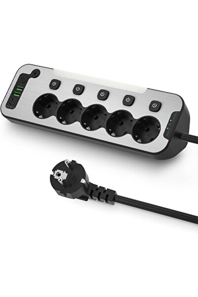 AyrStore Bağımsız Anahtarlı 5'li Işıklı Akım Korumalı Çoklu Priz 4000W, 2x US...