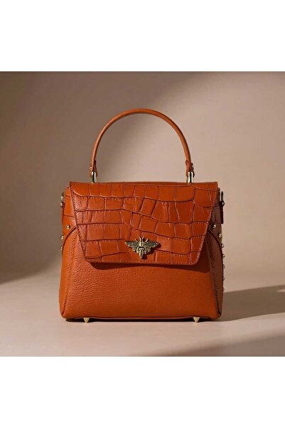 AVERY Genuine Leather Handbag, Orange