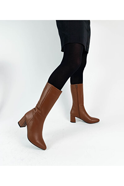 GDT Ayakkabı Hakiki Deri Taba Renk Sivri Burun Kalın Topuk Diz Altı 36-40 Num...