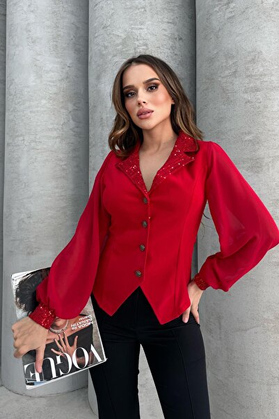 RB CLUB Women's Button Detailed Sleeves Chiffon Blouse Red