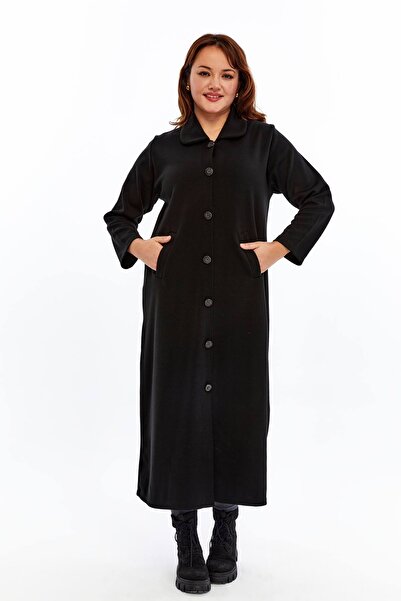 Laden Knitwear Plus Size Hijab Medium Thick Steel Knit Mother Black Long Cardigan Top Coat