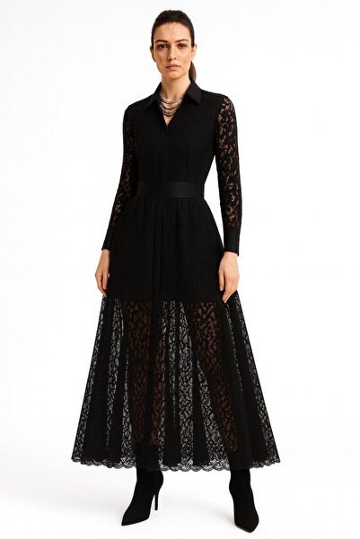 ALYEL NAKER Uzun Kollu & Kuşaklı Midi Boy Siyah Dantel Gömlek Elbise