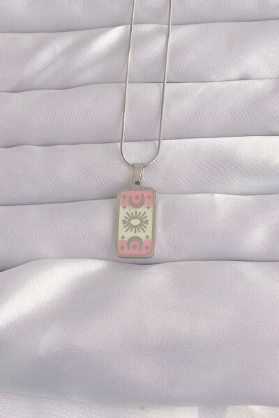Skygo 316L Steel Silver Color Pink Enamel Moon Figure Tarot Necklace - Tj-Bko...