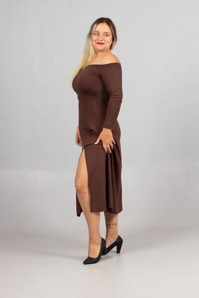 Truva XXL Plus Size Madonna Collar Slit Modal Combed Cotton Dress Brown