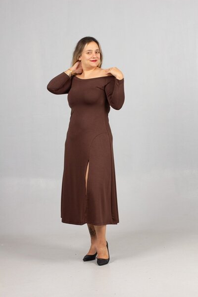 Truva XXL Plus Size Madonna Collar Slit Modal Combed Cotton Dress Brown