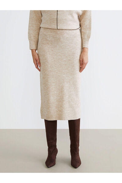 LC Waikiki Beige Elastic Waist Slit Knitwear Skirt