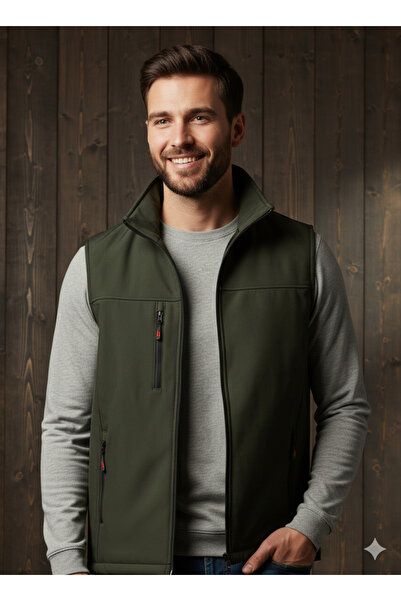 wishne Erkek Haki/Yeşil Fermuarlı Su ve Rüzgar Geçirmez Softshell Yelek