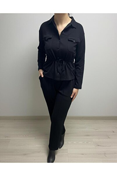 DEMOİSELLE Women's Stretch Fabric Double Pocket Steel Interlock Bluzz Shirt Pants Set