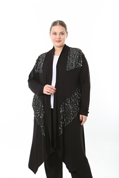 XL Modam Women's Lycra Viscose Black Pul Detailed Large Size Cardigan