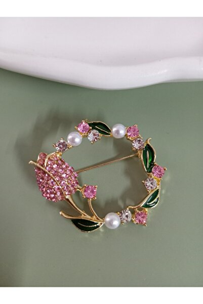 mos&more by mosev Pembe Taşlı Lale Çelenk Broş