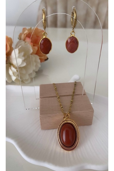 TARZ-I TAKI ÇELİK Zincir 50 cm Kahve Akik Taşı KOLYE & KÜPE SETİ Anne Kadın S...