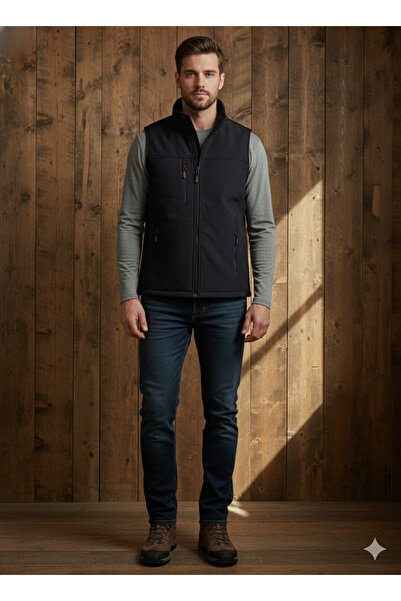 wishne Erkek Siyah Fermuarlı Su ve Rüzgar Geçirmez Softshell Yelek