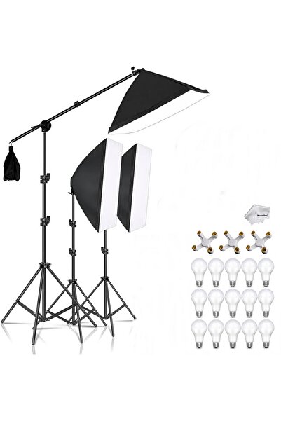 AZT Vlog , Tiktok , Youtube , Canlı Yayın vb. 3 lü Crossbarlı 50x70cm Softbox Led Sürekli Işık Seti