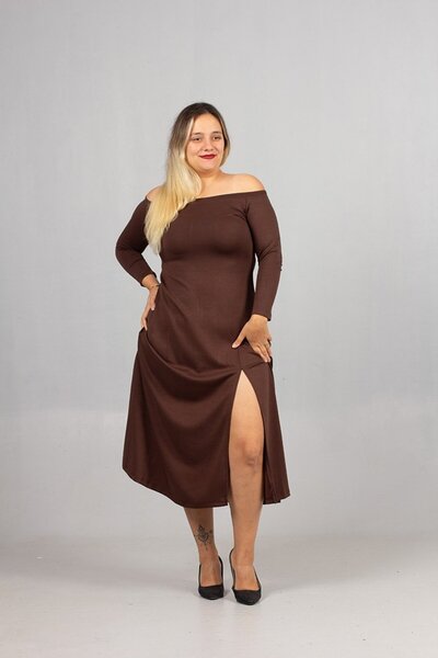 Truva XXL Plus Size Madonna Collar Slit Modal Combed Cotton Dress Brown