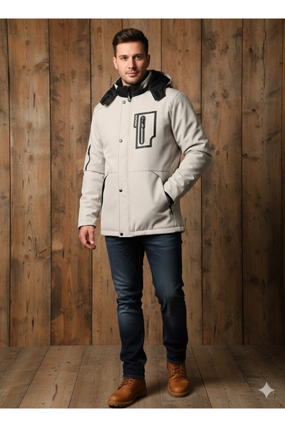 wishne Erkek Su ve Rüzgar Geçirmez Kapüşonlu Softshell Mont Ceket Bej