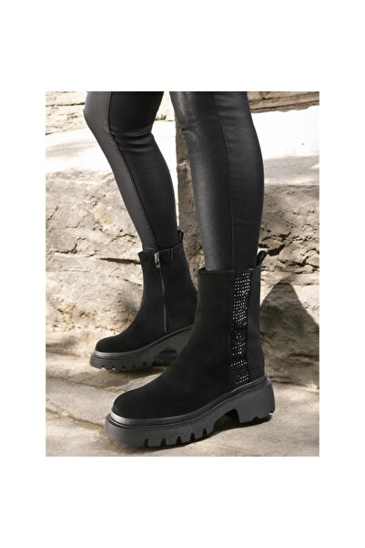 virboti Ghete elegante din piele întoarsă cu talpă groasă și pietre decorative