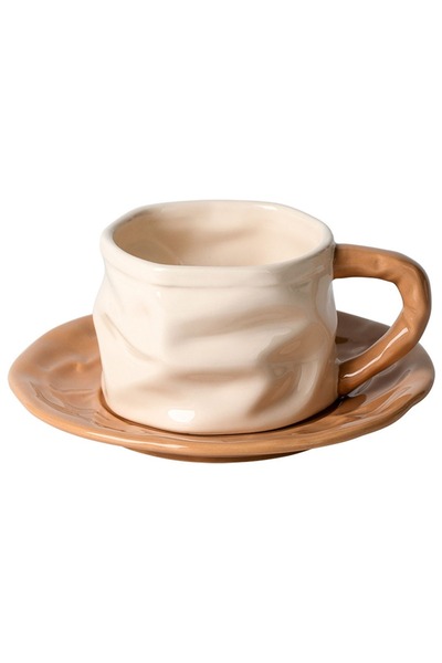 Generic Ceramic coffee cup and saucer with round beaded spoon (milk tea color)